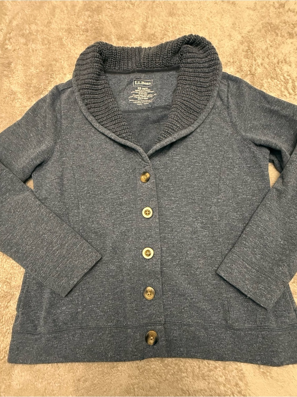 L.L.Bean Gray Solid Knit Cardigan Sweater Shawl Collar Button Front Womens XS